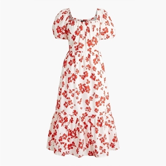 J CREW Hibiscus Floral Puff Sleeve Midi Dress Sz 14 - Picture 4 of 11